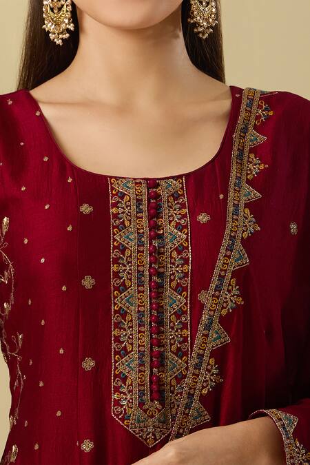 Samyukta Singhania_Wine Silk Sequins, Zari Round Neck Bloom Embroidered Anarkali Palazzo Set _at_Aza_Fashions
