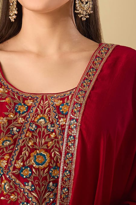 Samyukta Singhania_Pink Silk Sequins, Zari Round Neck Blossom Embroidered Anarkali Palazzo Set _Online_at_Aza_Fashions