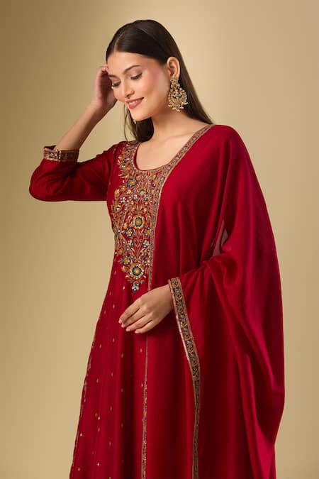 Buy_Samyukta Singhania_Pink Silk Sequins, Zari Round Neck Blossom Embroidered Anarkali Palazzo Set _Online_at_Aza_Fashions