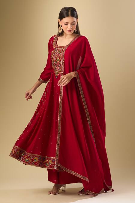 Samyukta Singhania_Pink Silk Sequins, Zari Round Neck Blossom Embroidered Anarkali Palazzo Set _at_Aza_Fashions