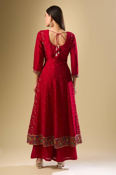 Shop_Samyukta Singhania_Pink Silk Sequins, Zari Round Neck Blossom Embroidered Anarkali Palazzo Set _at_Aza_Fashions