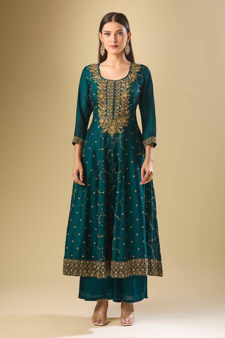 Samyukta Singhania_Green Silk Embroidery, Sequins, Zari Round Neck Phool Anarkali Palazzo Set_Online_at_Aza_Fashions