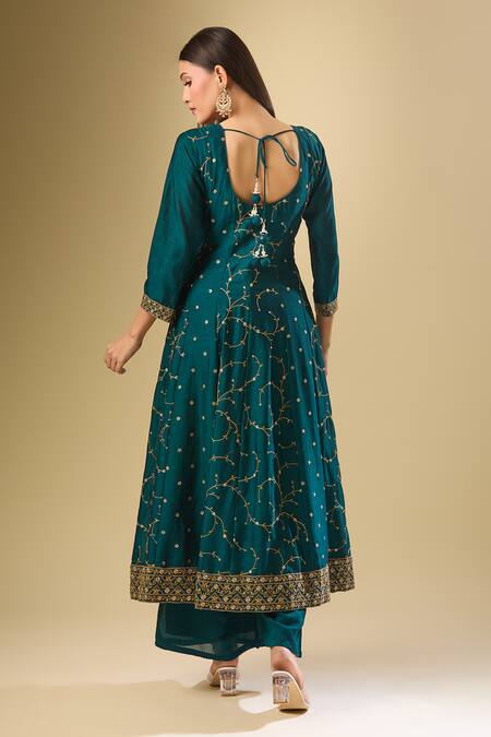 Shop_Samyukta Singhania_Green Silk Embroidery, Sequins, Zari Round Neck Phool Anarkali Palazzo Set_at_Aza_Fashions