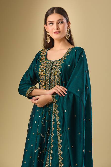Shop_Samyukta Singhania_Green Silk Embroidery, Sequins, Zari Round Neck Phool Anarkali Palazzo Set_Online_at_Aza_Fashions