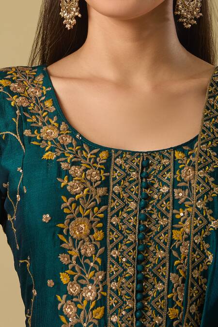Samyukta Singhania_Green Silk Embroidery, Sequins, Zari Round Neck Phool Anarkali Palazzo Set_at_Aza_Fashions