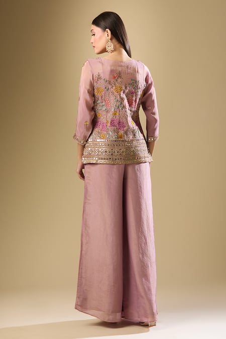 Shop Samyukta Singhania Pink Silk, Chiffon Sequins, Mirrors V-neck Embroidered Kurta Palazzo Set at Aza Fashions Shop_Samyukta Singhania_Pink Silk, Chiffon Sequins, Mirrors V-neck Embroidered Kurta Palazzo Set_at_Aza_Fashions