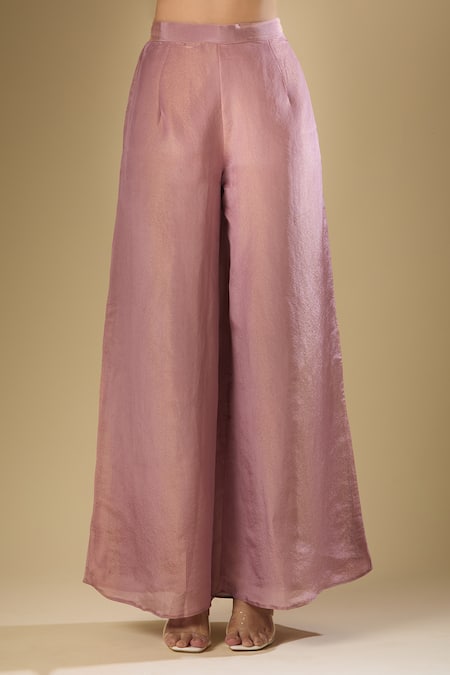 Samyukta Singhania Pink Silk, Chiffon Sequins, Mirrors V-neck Embroidered Kurta Palazzo Set Online at Aza Fashions Samyukta Singhania_Pink Silk, Chiffon Sequins, Mirrors V-neck Embroidered Kurta Palazzo Set_Online_at_Aza_Fashions