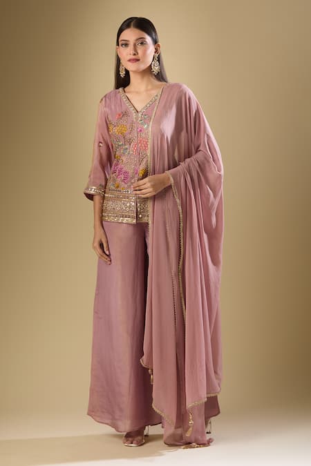 Buy Samyukta Singhania Pink Silk, Chiffon Sequins, Mirrors V-neck Embroidered Kurta Palazzo Set Online at Aza Fashions Buy_Samyukta Singhania_Pink Silk, Chiffon Sequins, Mirrors V-neck Embroidered Kurta Palazzo Set_Online_at_Aza_Fashions