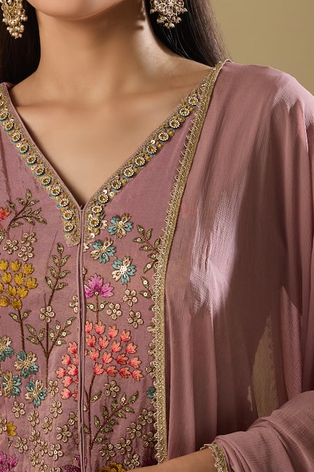 Shop Samyukta Singhania Pink Silk, Chiffon Sequins, Mirrors V-neck Embroidered Kurta Palazzo Set Online at Aza Fashions Shop_Samyukta Singhania_Pink Silk, Chiffon Sequins, Mirrors V-neck Embroidered Kurta Palazzo Set_Online_at_Aza_Fashions