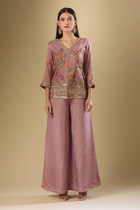 Samyukta Singhania Pink Silk, Chiffon Sequins, Mirrors V-neck Embroidered Kurta Palazzo Set at Aza Fashions Samyukta Singhania_Pink Silk, Chiffon Sequins, Mirrors V-neck Embroidered Kurta Palazzo Set_at_Aza_Fashions