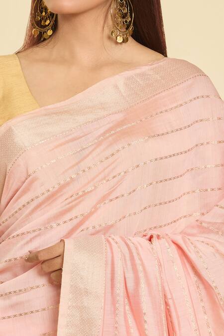 Buy_Samyukta Singhania_Peach Chanderi Zari Stripe Pattern Saree With Unstitched Blouse Piece_Online_at_Aza_Fashions
