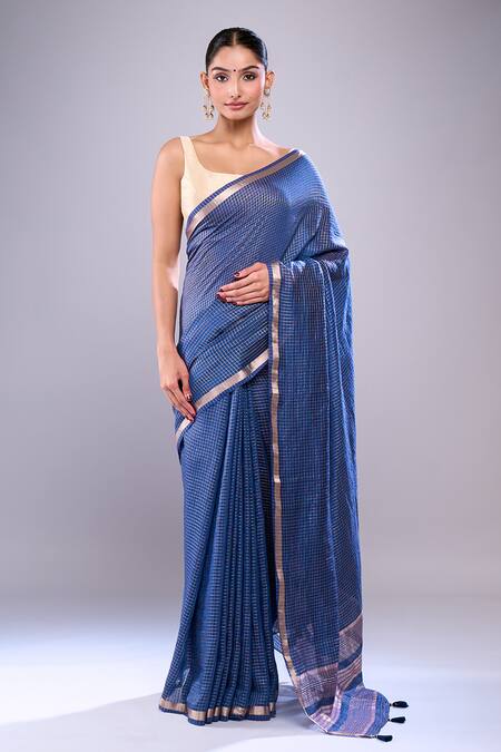 Samyukta Singhania Blue Chanderi Checks Pattern Saree With Unstitched Blouse Piece Online at Aza Fashions Samyukta Singhania_Blue Chanderi Checks Pattern Saree With Unstitched Blouse Piece_Online_at_Aza_Fashions