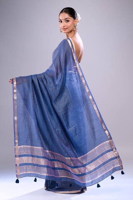 Shop Samyukta Singhania Blue Chanderi Checks Pattern Saree With Unstitched Blouse Piece at Aza Fashions Shop_Samyukta Singhania_Blue Chanderi Checks Pattern Saree With Unstitched Blouse Piece_at_Aza_Fashions