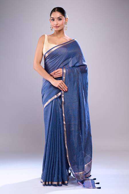 Buy Samyukta Singhania Blue Chanderi Checks Pattern Saree With Unstitched Blouse Piece Online at Aza Fashions Buy_Samyukta Singhania_Blue Chanderi Checks Pattern Saree With Unstitched Blouse Piece_Online_at_Aza_Fashions