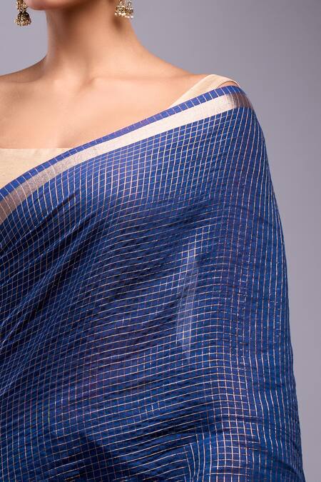 Samyukta Singhania Blue Chanderi Checks Pattern Saree With Unstitched Blouse Piece at Aza Fashions Samyukta Singhania_Blue Chanderi Checks Pattern Saree With Unstitched Blouse Piece_at_Aza_Fashions