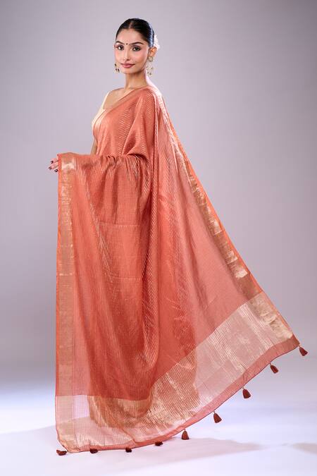 Shop Samyukta Singhania Orange Chanderi Zari Stripe Saree With Floral Unstitched Blouse Piece at Aza Fashions Shop_Samyukta Singhania_Orange Chanderi Zari Stripe Saree With Floral Unstitched Blouse Piece_at_Aza_Fashions