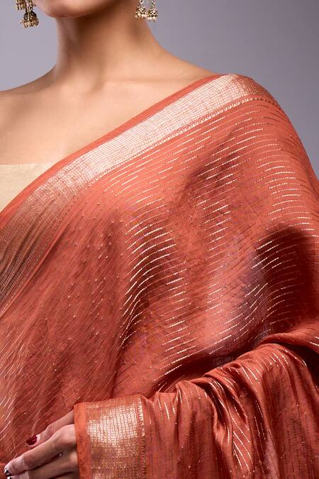 Buy Samyukta Singhania Orange Chanderi Zari Stripe Saree With Floral Unstitched Blouse Piece Online at Aza Fashions Buy_Samyukta Singhania_Orange Chanderi Zari Stripe Saree With Floral Unstitched Blouse Piece_Online_at_Aza_Fashions