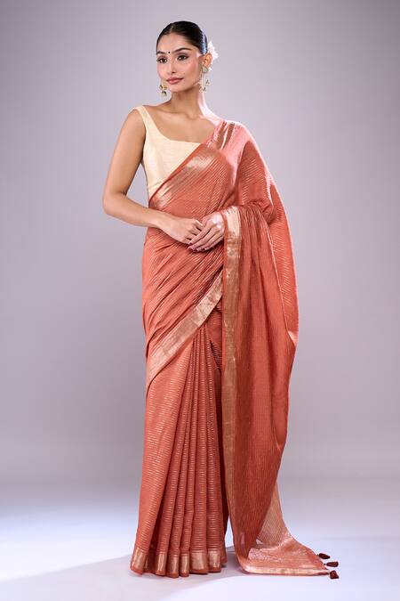 Shop Samyukta Singhania Orange Chanderi Zari Stripe Saree With Floral Unstitched Blouse Piece Online at Aza Fashions Shop_Samyukta Singhania_Orange Chanderi Zari Stripe Saree With Floral Unstitched Blouse Piece_Online_at_Aza_Fashions