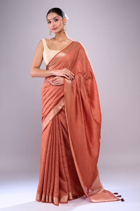 Samyukta Singhania Orange Chanderi Zari Stripe Saree With Floral Unstitched Blouse Piece at Aza Fashions Samyukta Singhania_Orange Chanderi Zari Stripe Saree With Floral Unstitched Blouse Piece_at_Aza_Fashions