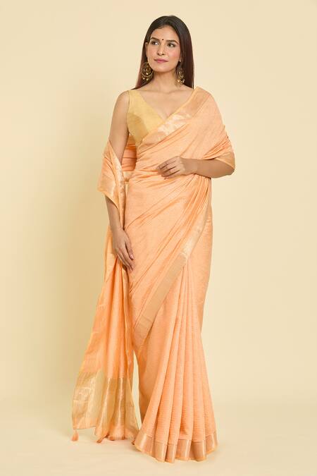 Shop Samyukta Singhania Orange Chanderi Stripe Saree With Unstitched Blouse Piecwe at Aza Fashions Shop_Samyukta Singhania_Orange Chanderi Stripe Saree With Unstitched Blouse Piecwe_at_Aza_Fashions