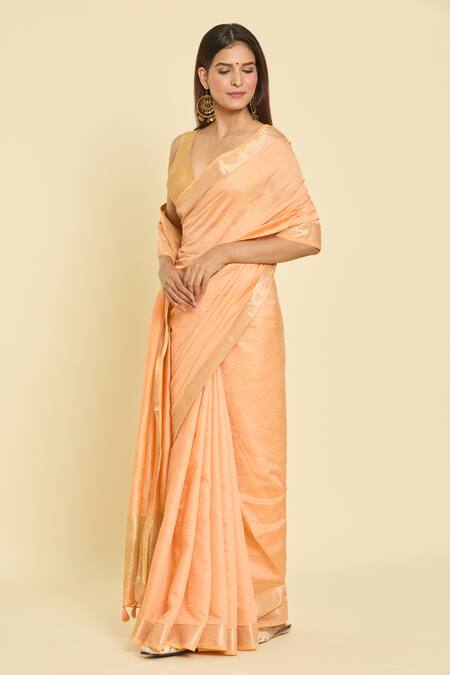 Buy Samyukta Singhania Orange Chanderi Stripe Saree With Unstitched Blouse Piecwe Online at Aza Fashions Buy_Samyukta Singhania_Orange Chanderi Stripe Saree With Unstitched Blouse Piecwe_Online_at_Aza_Fashions