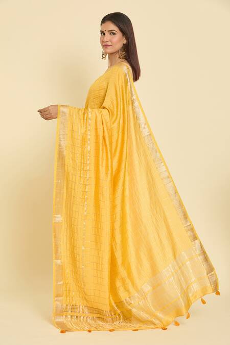 Shop Samyukta Singhania Yellow Chanderi Zari Stripe Pattern Saree With Unstitched Blouse Piece at Aza Fashions Shop_Samyukta Singhania_Yellow Chanderi Zari Stripe Pattern Saree With Unstitched Blouse Piece_at_Aza_Fashions