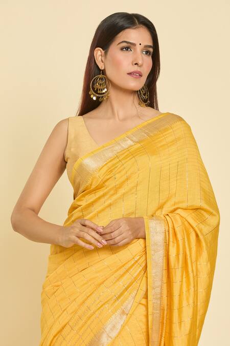 Samyukta Singhania Yellow Chanderi Zari Stripe Pattern Saree With Unstitched Blouse Piece Online at Aza Fashions Samyukta Singhania_Yellow Chanderi Zari Stripe Pattern Saree With Unstitched Blouse Piece_Online_at_Aza_Fashions