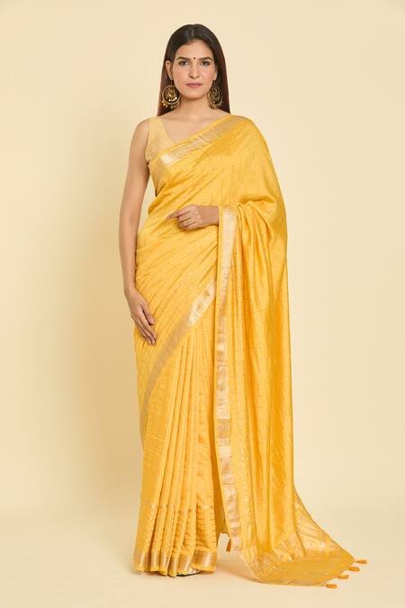 Buy Samyukta Singhania Yellow Chanderi Zari Stripe Pattern Saree With Unstitched Blouse Piece Online at Aza Fashions Buy_Samyukta Singhania_Yellow Chanderi Zari Stripe Pattern Saree With Unstitched Blouse Piece_Online_at_Aza_Fashions