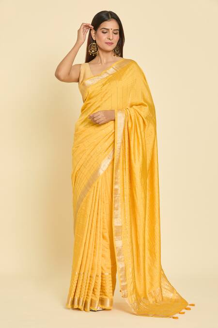 Shop Samyukta Singhania Yellow Chanderi Zari Stripe Pattern Saree With Unstitched Blouse Piece Online at Aza Fashions Shop_Samyukta Singhania_Yellow Chanderi Zari Stripe Pattern Saree With Unstitched Blouse Piece_Online_at_Aza_Fashions