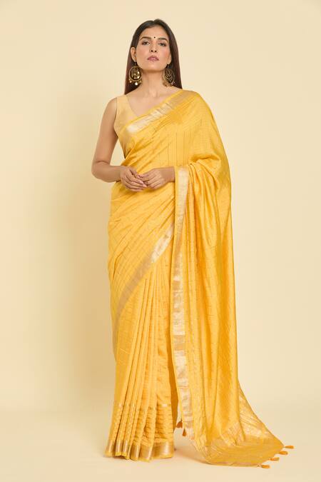 Shop Samyukta Singhania Yellow Chanderi Zari Stripe Pattern Saree With Unstitched Blouse Piece Shop_Samyukta Singhania_Yellow Chanderi Zari Stripe Pattern Saree With Unstitched Blouse Piece