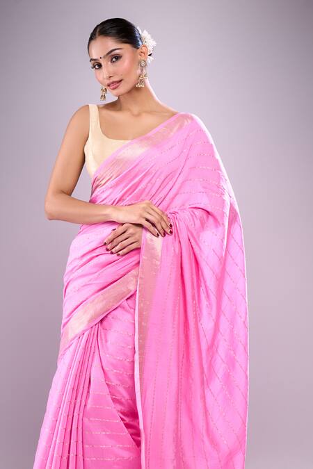 Shop_Samyukta Singhania_Pink Chanderi Zari Stripe Pattern Saree With Unstitched Blouse Piece_Online_at_Aza_Fashions
