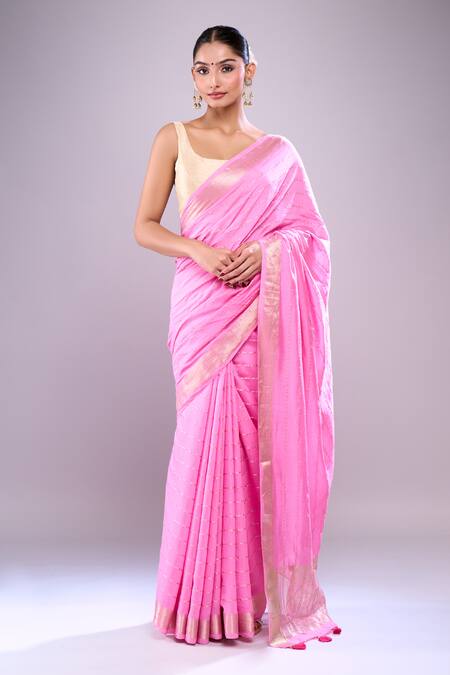 Samyukta Singhania_Pink Chanderi Zari Stripe Pattern Saree With Unstitched Blouse Piece_at_Aza_Fashions
