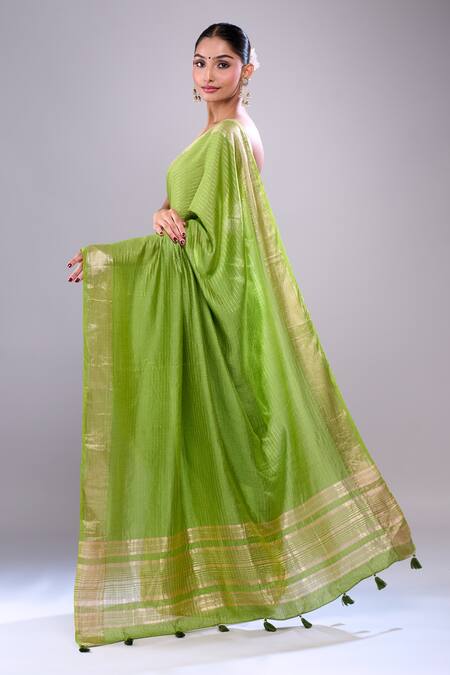 Shop Samyukta Singhania Green Chanderi Tassels Detailed Pallu Saree With Unstitched Blouse Piece at Aza Fashions Shop_Samyukta Singhania_Green Chanderi Tassels Detailed Pallu Saree With Unstitched Blouse Piece_at_Aza_Fashions