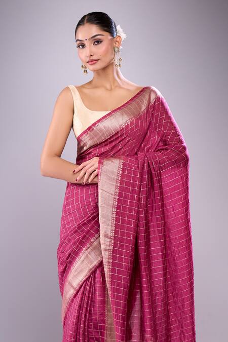 Buy Samyukta Singhania Wine Chanderi Checks Pattern Saree With Unstitched Blouse Piece Online at Aza Fashions Buy_Samyukta Singhania_Wine Chanderi Checks Pattern Saree With Unstitched Blouse Piece_Online_at_Aza_Fashions