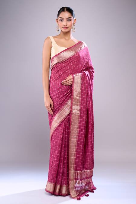 Shop Samyukta Singhania Wine Chanderi Checks Pattern Saree With Unstitched Blouse Piece Online at Aza Fashions Shop_Samyukta Singhania_Wine Chanderi Checks Pattern Saree With Unstitched Blouse Piece_Online_at_Aza_Fashions