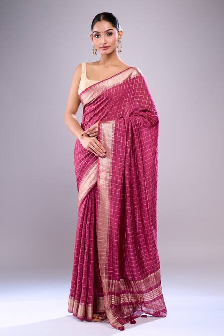 Buy Samyukta Singhania Wine Chanderi Checks Pattern Saree With Unstitched Blouse Piece Buy_Samyukta Singhania_Wine Chanderi Checks Pattern Saree With Unstitched Blouse Piece