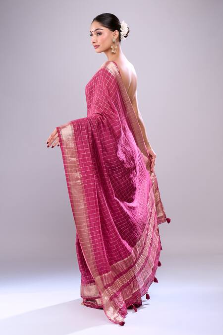 Shop Samyukta Singhania Wine Chanderi Checks Pattern Saree With Unstitched Blouse Piece at Aza Fashions Shop_Samyukta Singhania_Wine Chanderi Checks Pattern Saree With Unstitched Blouse Piece_at_Aza_Fashions