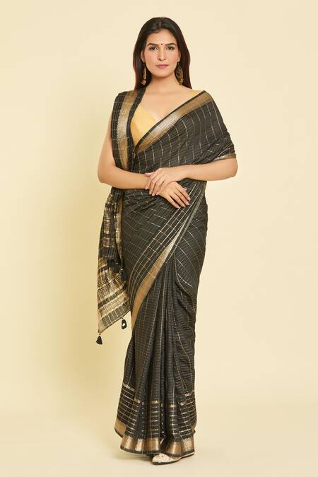 Samyukta Singhania_Black Chanderi Striped Saree With Unstitched Blouse Piece_Online_at_Aza_Fashions
