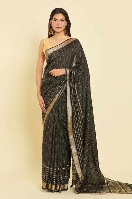 Buy_Samyukta Singhania_Black Chanderi Striped Saree With Unstitched Blouse Piece