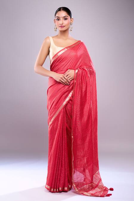 Samyukta Singhania Red Chanderi Zari, Tassels Checkered Saree With Unstitched Blouse Piece Online at Aza Fashions Samyukta Singhania_Red Chanderi Zari, Tassels Checkered Saree With Unstitched Blouse Piece_Online_at_Aza_Fashions
