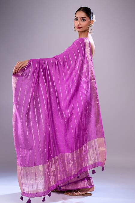 Shop Samyukta Singhania Purple Chanderi Zari Striped Saree With Unstitched Blouse Piece at Aza Fashions Shop_Samyukta Singhania_Purple Chanderi Zari Striped Saree With Unstitched Blouse Piece_at_Aza_Fashions