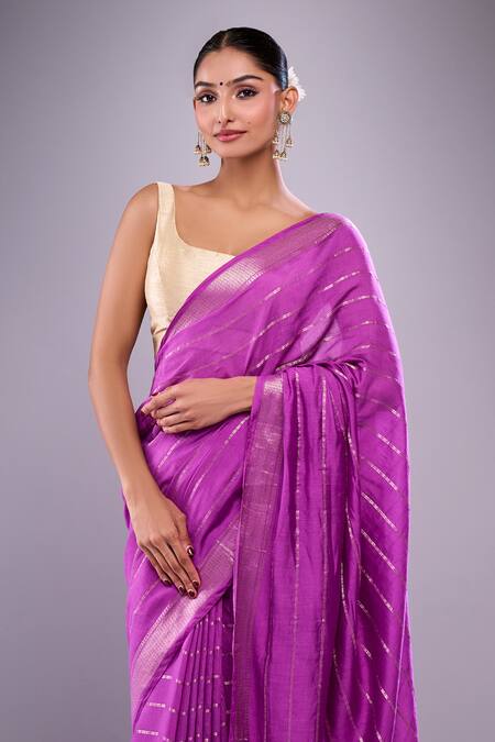 Samyukta Singhania Purple Chanderi Zari Striped Saree With Unstitched Blouse Piece Online at Aza Fashions Samyukta Singhania_Purple Chanderi Zari Striped Saree With Unstitched Blouse Piece_Online_at_Aza_Fashions