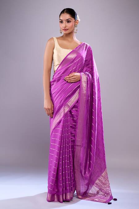 Shop Samyukta Singhania Purple Chanderi Zari Striped Saree With Unstitched Blouse Piece Online at Aza Fashions Shop_Samyukta Singhania_Purple Chanderi Zari Striped Saree With Unstitched Blouse Piece_Online_at_Aza_Fashions