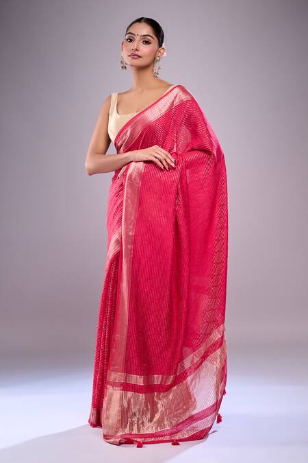 Samyukta Singhania Red Chanderi Zari Stripe Detailed Saree With Unstitched Blouse Piece Online at Aza Fashions Samyukta Singhania_Red Chanderi Zari Stripe Detailed Saree With Unstitched Blouse Piece_Online_at_Aza_Fashions