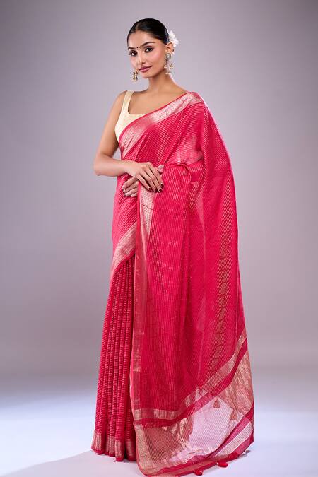 Buy Samyukta Singhania Red Chanderi Zari Stripe Detailed Saree With Unstitched Blouse Piece Online at Aza Fashions Buy_Samyukta Singhania_Red Chanderi Zari Stripe Detailed Saree With Unstitched Blouse Piece_Online_at_Aza_Fashions