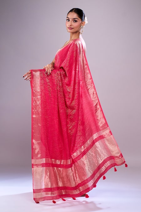 Shop Samyukta Singhania Red Chanderi Zari Stripe Detailed Saree With Unstitched Blouse Piece at Aza Fashions Shop_Samyukta Singhania_Red Chanderi Zari Stripe Detailed Saree With Unstitched Blouse Piece_at_Aza_Fashions