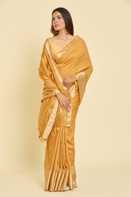 Buy_Samyukta Singhania_Yellow Chanderi Checkered Saree With Unstitched Blouse Piece _Online_at_Aza_Fashions