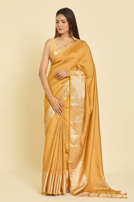 Shop_Samyukta Singhania_Yellow Chanderi Checkered Saree With Unstitched Blouse Piece _Online_at_Aza_Fashions