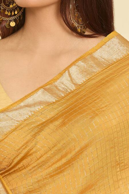 Buy_Samyukta Singhania_Yellow Chanderi Checkered Saree With Unstitched Blouse Piece 