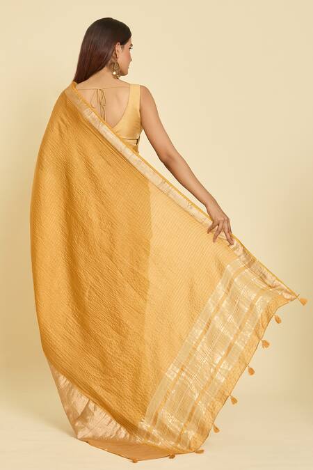 Shop_Samyukta Singhania_Yellow Chanderi Checkered Saree With Unstitched Blouse Piece _at_Aza_Fashions